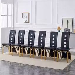 Set di 6 sedie da pranzo, motivo a fori, rivestimento in ecopelle, gambe in metallo, altezza 102,5 cm (nero e oro)