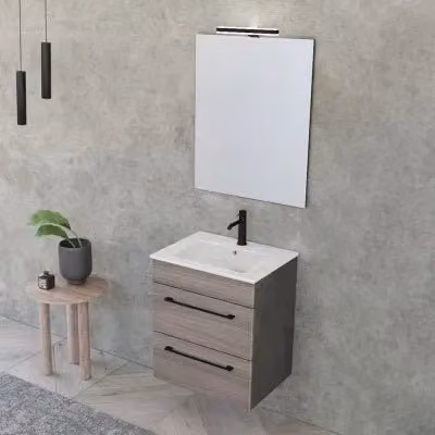 Mobile bagno sospeso Smart con lavabo e specchio con illuminazione LED in finitura rovere, L: 55 cm, P: 43 cm, H: 62 cm – 1