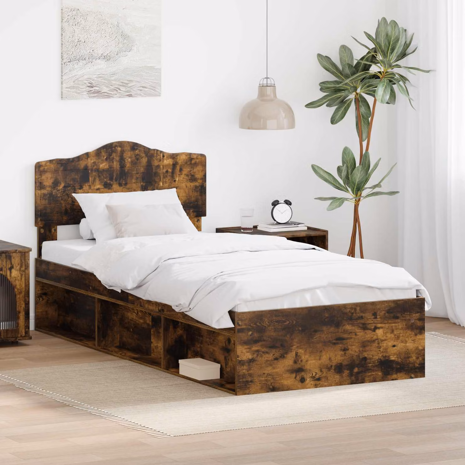 Struttura del letto vidaXL in pino massello e MDF, colore Rovere Fumo, L 90 x P 200 cm