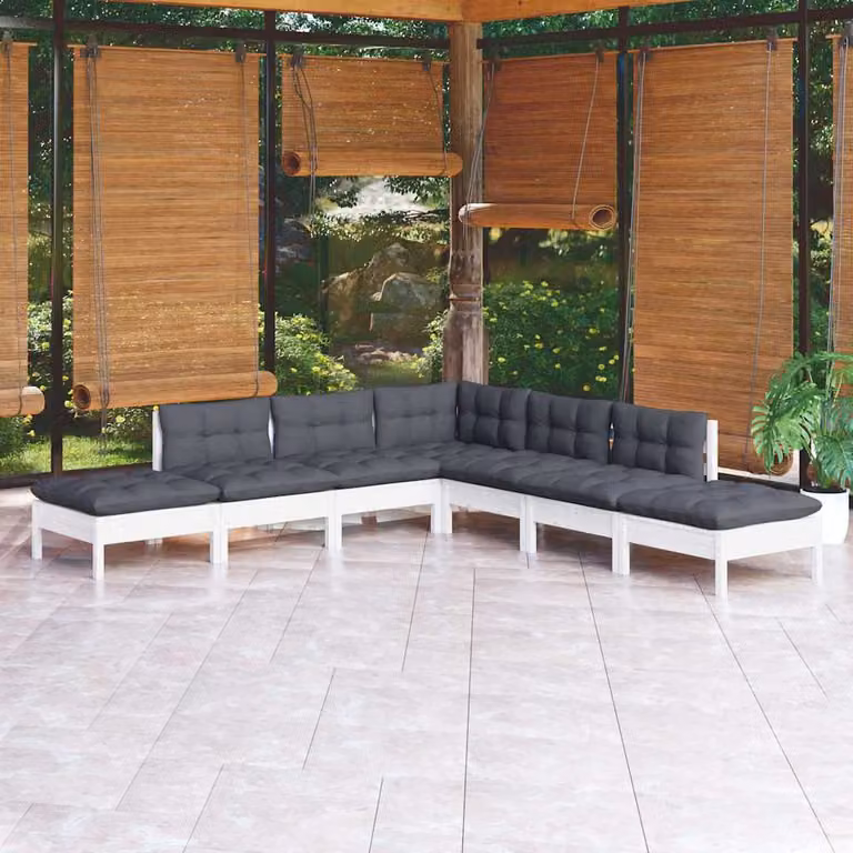 Set di divani da giardino vidaXL a forma di L composto da 7 pezzi in legno di pino con cuscini bianchi