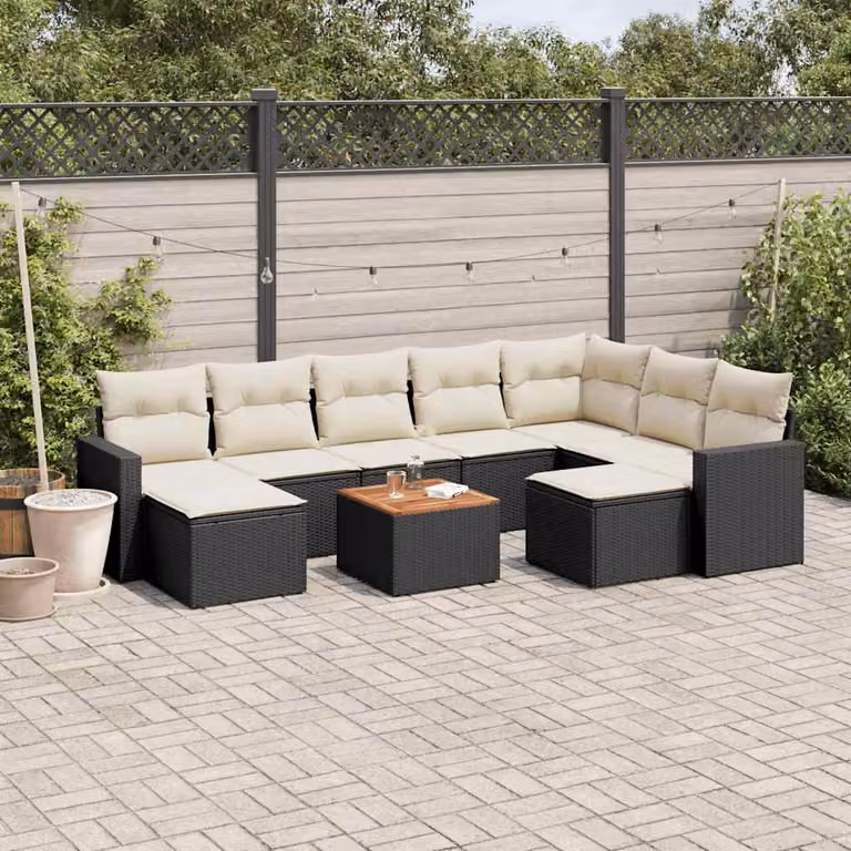 Set di divani da giardino vidaXL in polyrattan nero con cuscini e tavolino da esterno a forma di L