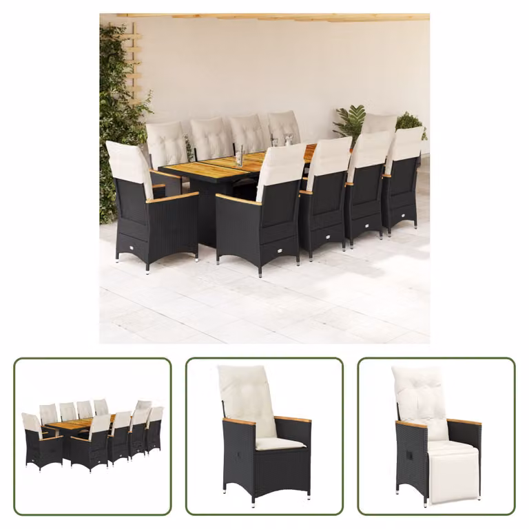The Living Store Set bistrot da giardino da 11 pezzi con cuscini in poly rattan nero