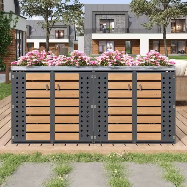 Copribidoni a quattro scomparti con fioriera integrata e porte ventilate in acciaio zincato grigio effetto legno