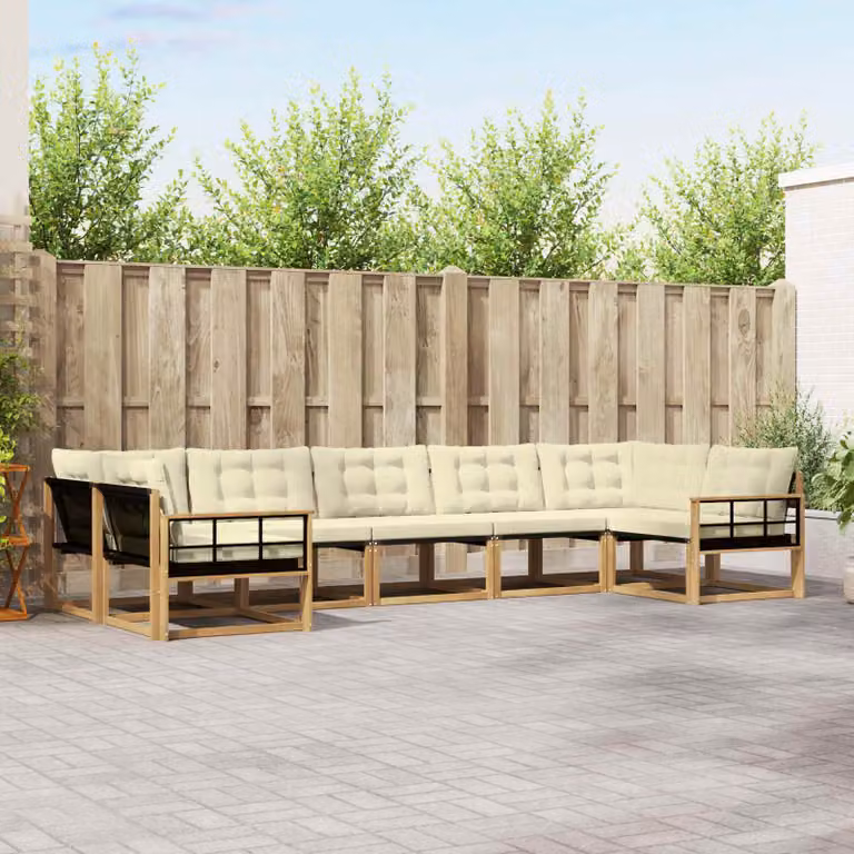 vidaXL Set di divani da esterno a L composto da 7 pezzi in legno di acacia e textilene, Bianco, Beige e Marrone