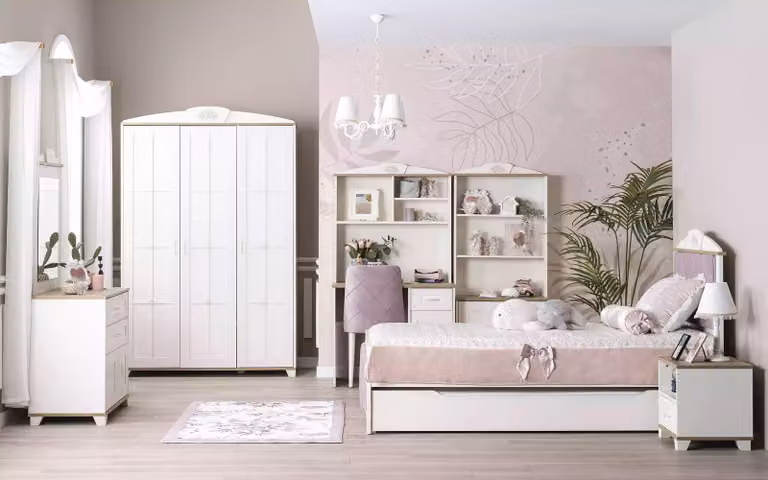 Komplete Jugendbett Kindermöbel Kinderzimmer Bett Holz Rosa Set 8tlg