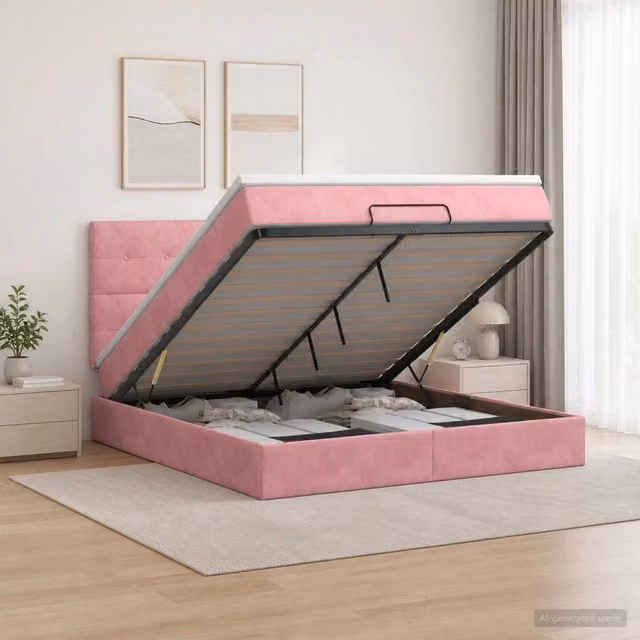 Letto Ottomano con Materasso Ibrido vidaXL in Velluto Rosa e Bianco con Illuminazione LED Sotto il Letto L: 160 cm, P: 200 cm, H: 203 cm