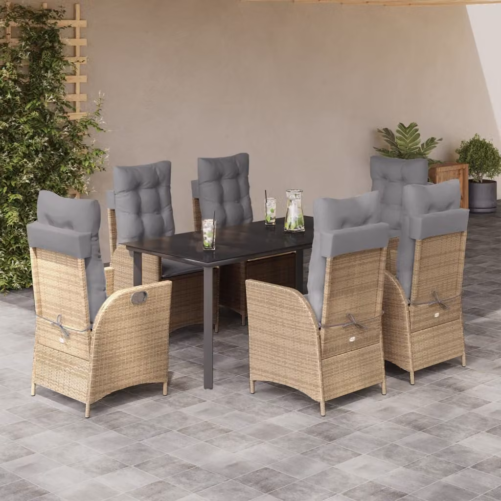Set da Pranzo da Giardino vidaXL in Polyrattan con Cuscini Beige e Tavolo in Vetro, 7 Pezzi – 1