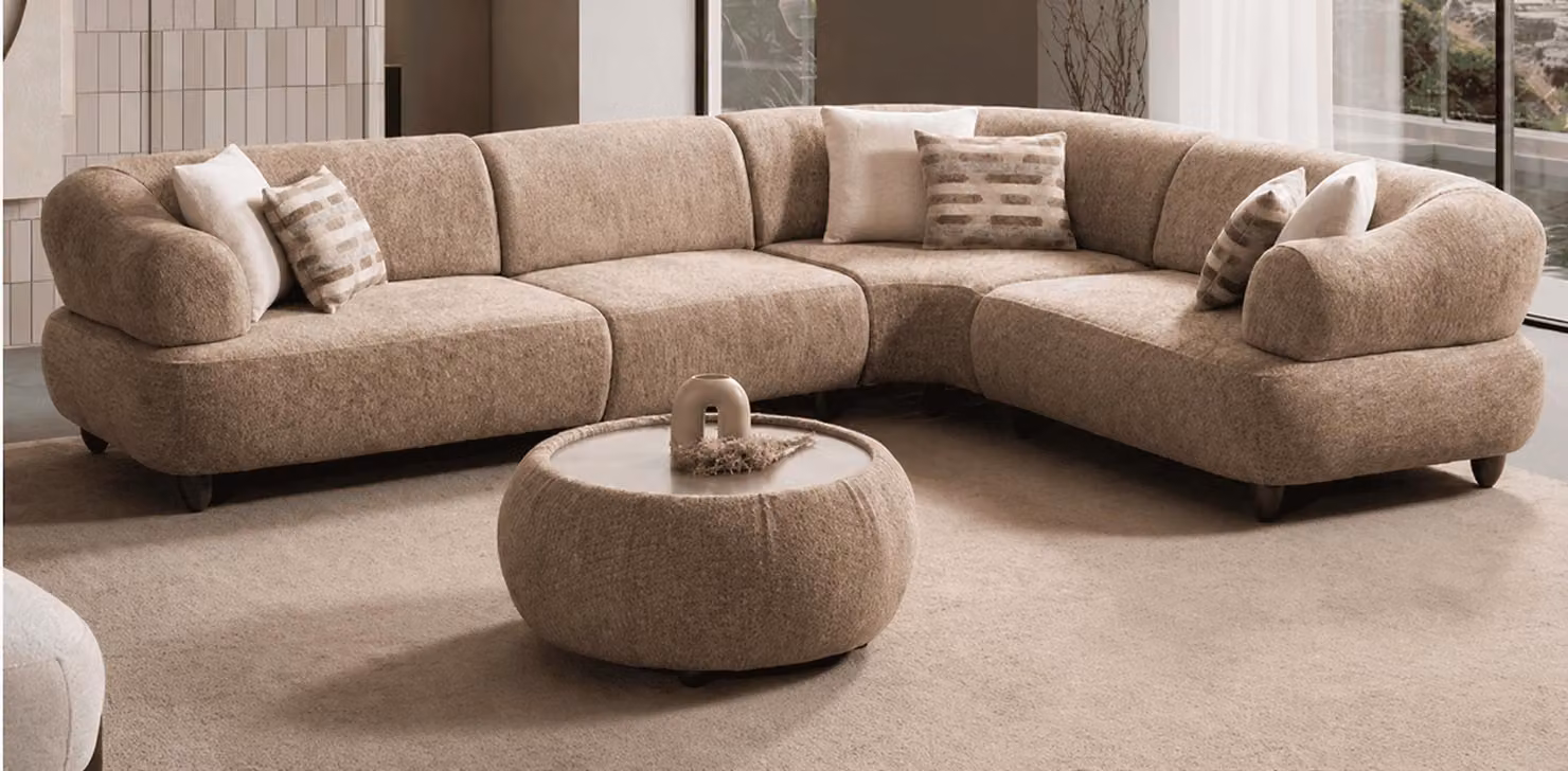 Divano angolare a forma di L, stile moderno, color marrone, comodo, imbottitura morbida, grande, rivestito in tessuto