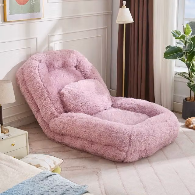 Divano letto da pavimento OKWISH reclinabile a 5 posizioni con pouf estraibile, in tessuto rosa con struttura in metallo e spugna