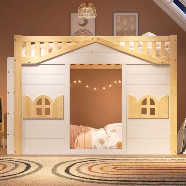 Letto a soppalco per bambini 90 × 200 cm con finestra, scala reversibile, senza materasso, in pino, bianco
