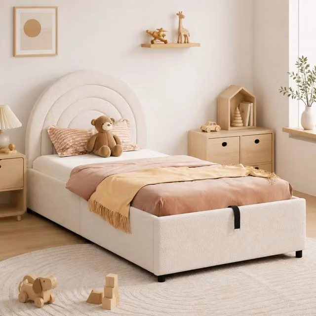 Letto singolo imbottito 90x200 cm con rete a doghe e testiera in bouclé beige, adatto a ragazzi e adulti