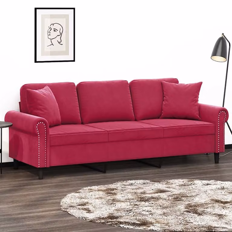 vidaXL Divano a 3 Posti Moderno in Velluto Rosso con Cuscini e Struttura in Metallo