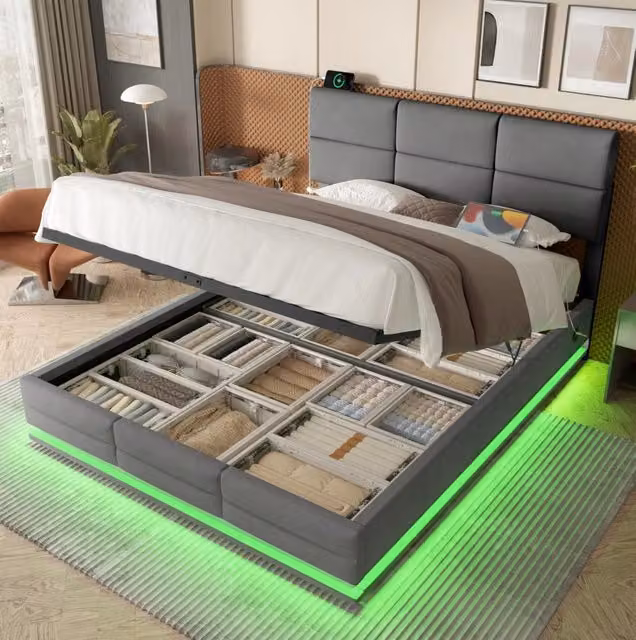 Letto matrimoniale 160x200 cm in velluto grigio scuro con contenitore; LED e USB