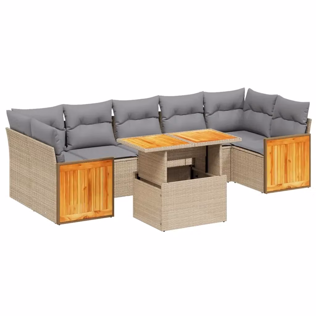 Set Divano da Giardino 8 pz vidaXL con Cuscini Beige e Tavolino da Caffè in Polyrattan e Legno di Acacia – 2