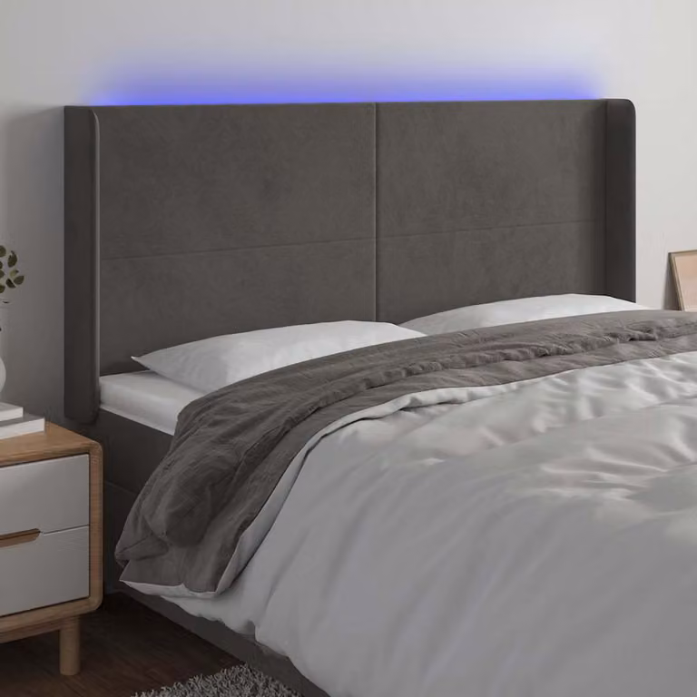 Testiera per letto vidaXL in velluto grigio scuro con illuminazione LED e porta di ricarica USB, L: 203 cm, P: 16 cm, H: 118/128 cm