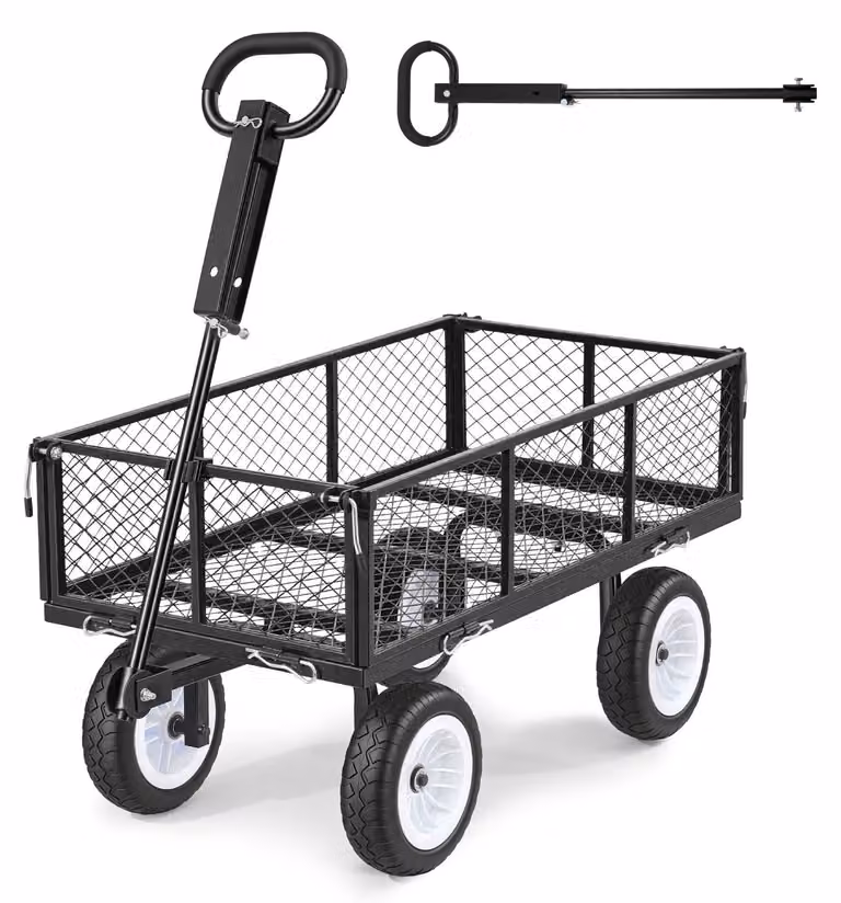 Carretto a mano - Carretto da giardino/trasporto per carichi pesanti - Portata 408,2 kg - Ruote inPoliuretano- Manico regolabile - Pareti laterali rimovibili - Agganciabile a ATV/trattori - Nero