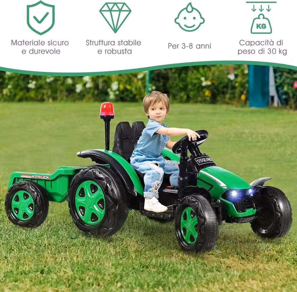 Costway Trattore Elettrico per Bambini con Rimorchio e Telecomando, Giocattolo 2 in 1 Verde con Batteria Ricaricabile e Luci e Suoni – 2