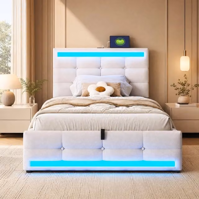 Letto imbottito MODFU beige con illuminazione LED sottostante e porta USB, dimensioni 90 x 200 cm