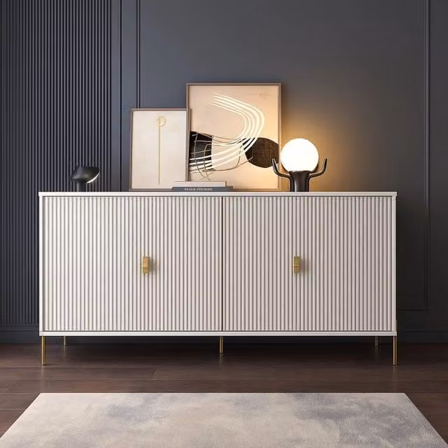 Madia DMORA con cassetti soft close, design moderno a righe, Beige e Oro, L: 203 cm, P: 49 cm, H: 83 cm