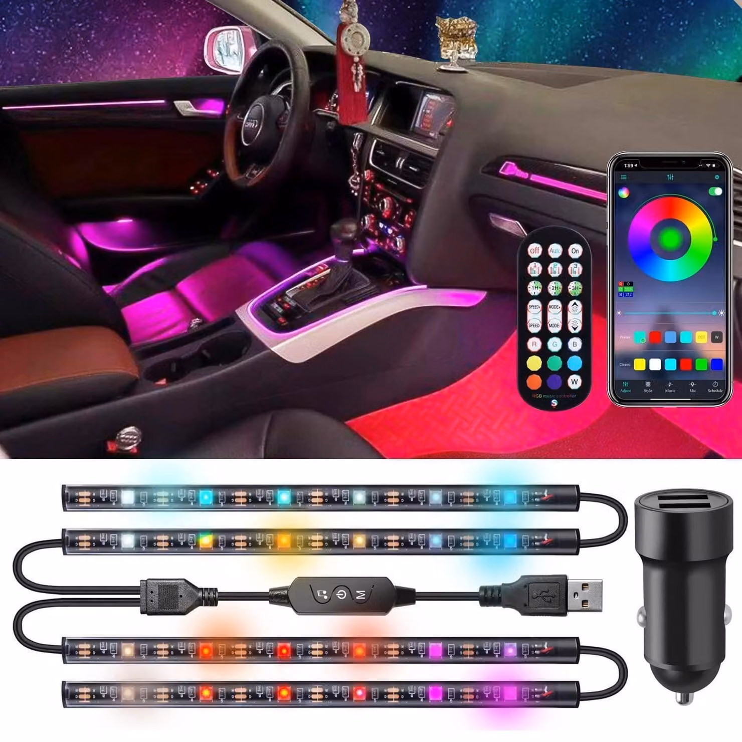 Illuminazione interna a LED con porta USB e caricabatterie per auto, striscia LED 5050, controllo tramite app e telecomando, modalità musicale