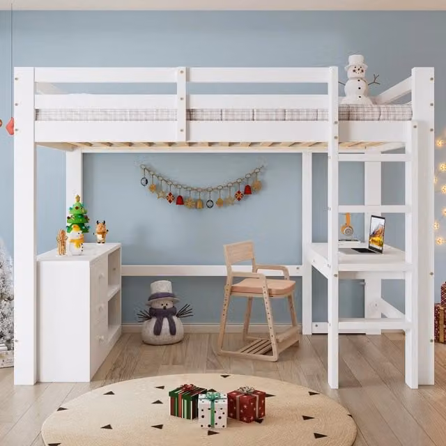 Letto a soppalco per bambini MINIMAL bianco e legno di pino con scrivania, cassetti e scaffale L/P/H: 204 x 90 x 160 cm