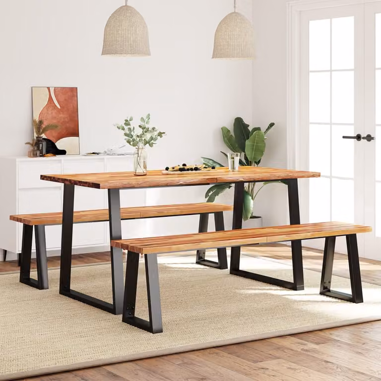 Set da pranzo vidaXL in legno di acacia con bordi vivi e base in metallo, composto da tavolo rettangolare e 2 panche, colore marrone e nero, L: 160 cm, P: 75 cm, H: 80 cm