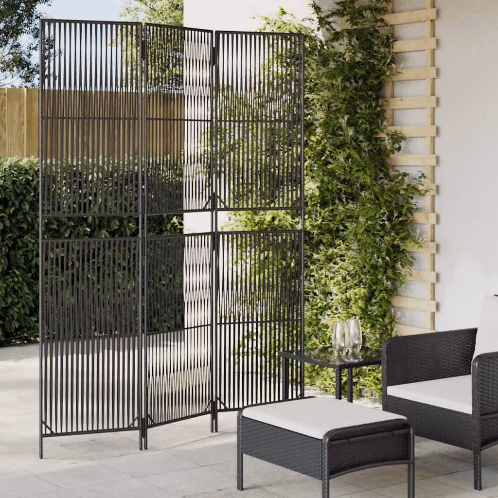 Divisorio per ambienti vidaXL a 3 pannelli in polyrattan e metallo nero, H: 147 cm, L: 200 cm