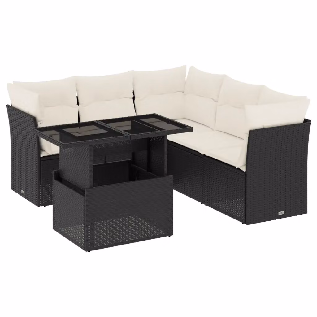 Set Divano da Giardino vidaXL 6 pz a L con Cuscini, Nero e Bianco, in Polyrattan con Tavolino e Struttura in Acciaio Verniciato a Polvere – 2