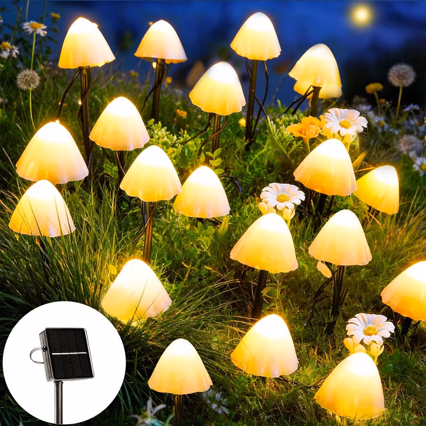 Catena luminosa solare a forma di fungo, 5 metri, 20 LED, luce bianco caldo, grado di protezione IP44