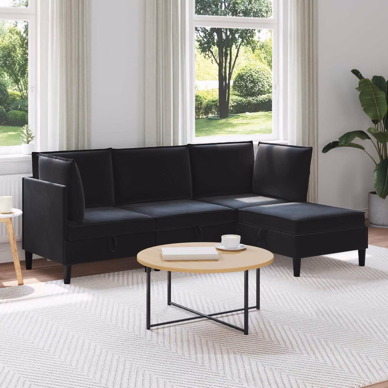 Set di mobili per il soggiorno vidaXL in velluto nero, composizione a L con 4 pezzi e struttura imbottita