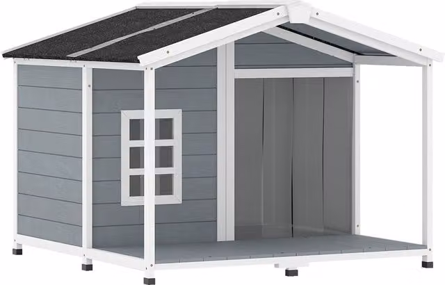 Cuccia per cani di taglia media PawHut in legno grigio con tetto in asfalto e terrazza, resistente alle intemperie e con pavimento rialzato, L: 103 cm, P: 107 cm, H: 83,5 cm – 1