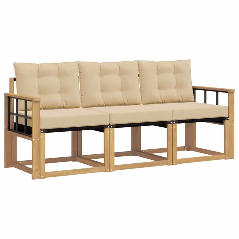 Set di divani da esterno 3 pezzi vidaXL in legno di acacia con cuscini bianchi e beige