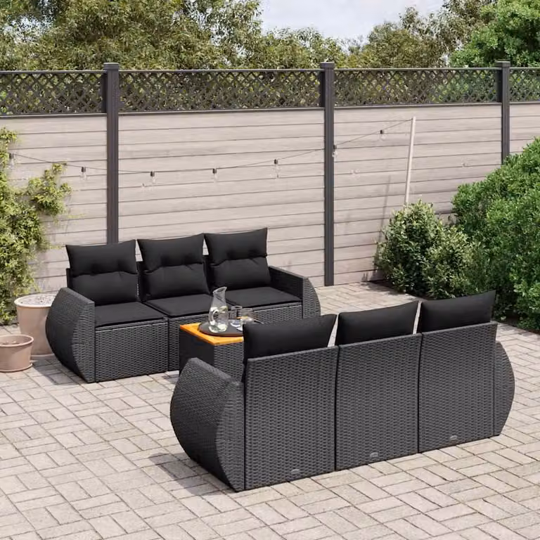 vidaXL Set Divani da Giardino a L con Cuscini 7pz in Polyrattan Nero