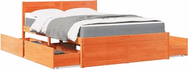 Letto con cassetti e materasso ibrido vidaXL in legno massello di pino color marrone cera L/P/H: 120 x 200 cm – 1