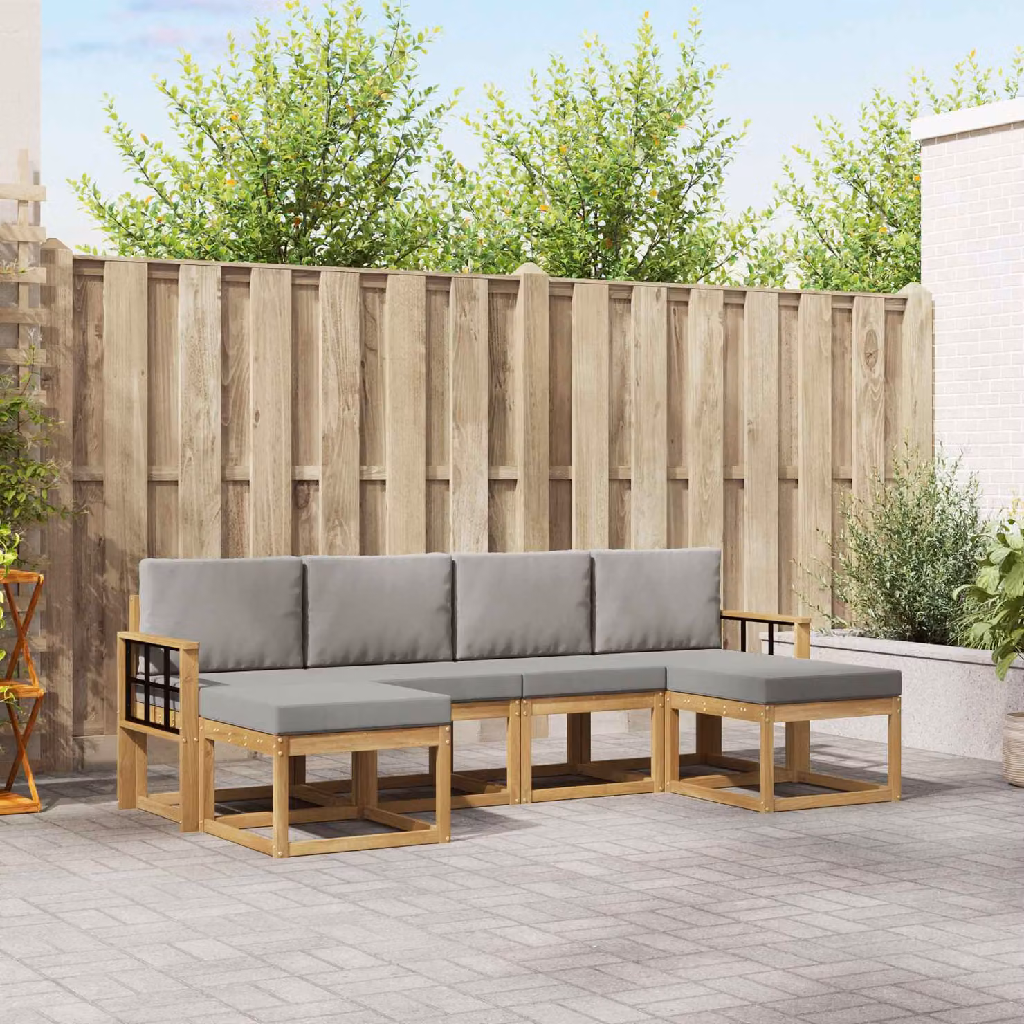 Set di divani da esterno vidaXL a forma di L composto da 6 pezzi in legno di acacia con cuscini, Bianco e Grigio