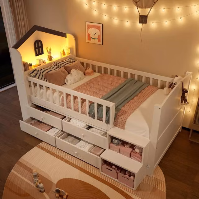 Letto a soppalco per bambini 90 × 200 cm, 4 cassetti, ripiani e LED regolabile, senza materasso, pino bianco