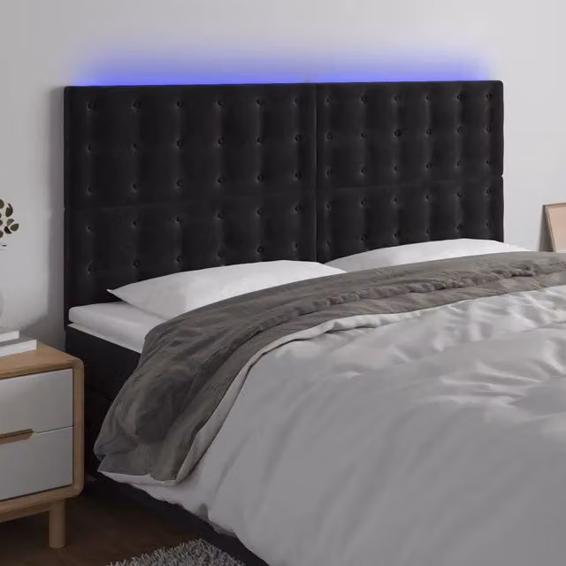 Testiera con LED Design Mania in Velluto Nero con Porte USB, L: 180 cm, P: 5 cm, H: 118-128 cm – 1