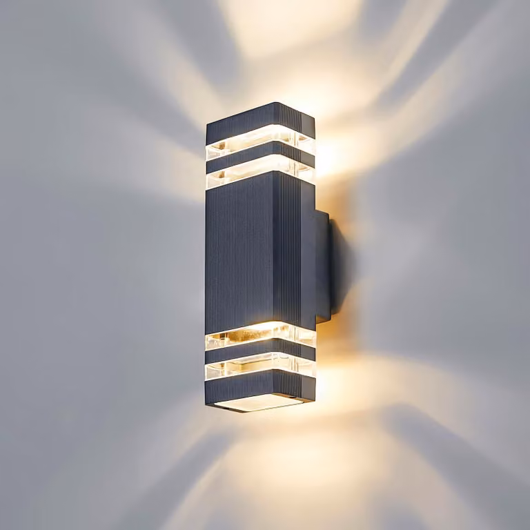 Lampada da parete esterna a LED, grado di protezione IP65, attacco GU10, luce calda bianco 3000K, alluminio grigio, con illuminazione direzionale verso l'alto e verso il basso