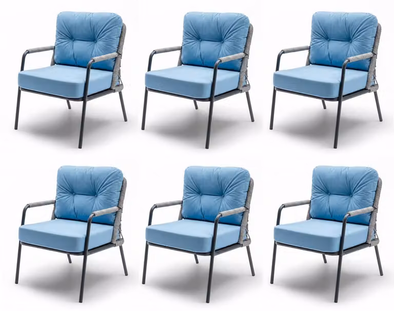 Sedia in stile moderno, colore azzurro-grigio, struttura in metallo con intreccio, nuova