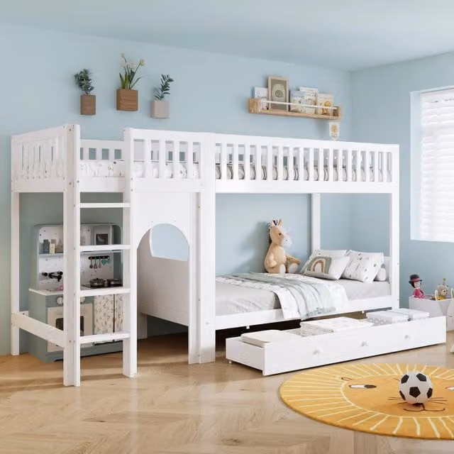 Letto a castello per bambini con scala a 4 gradini e sponde; 90x200 cm; bianco e naturale