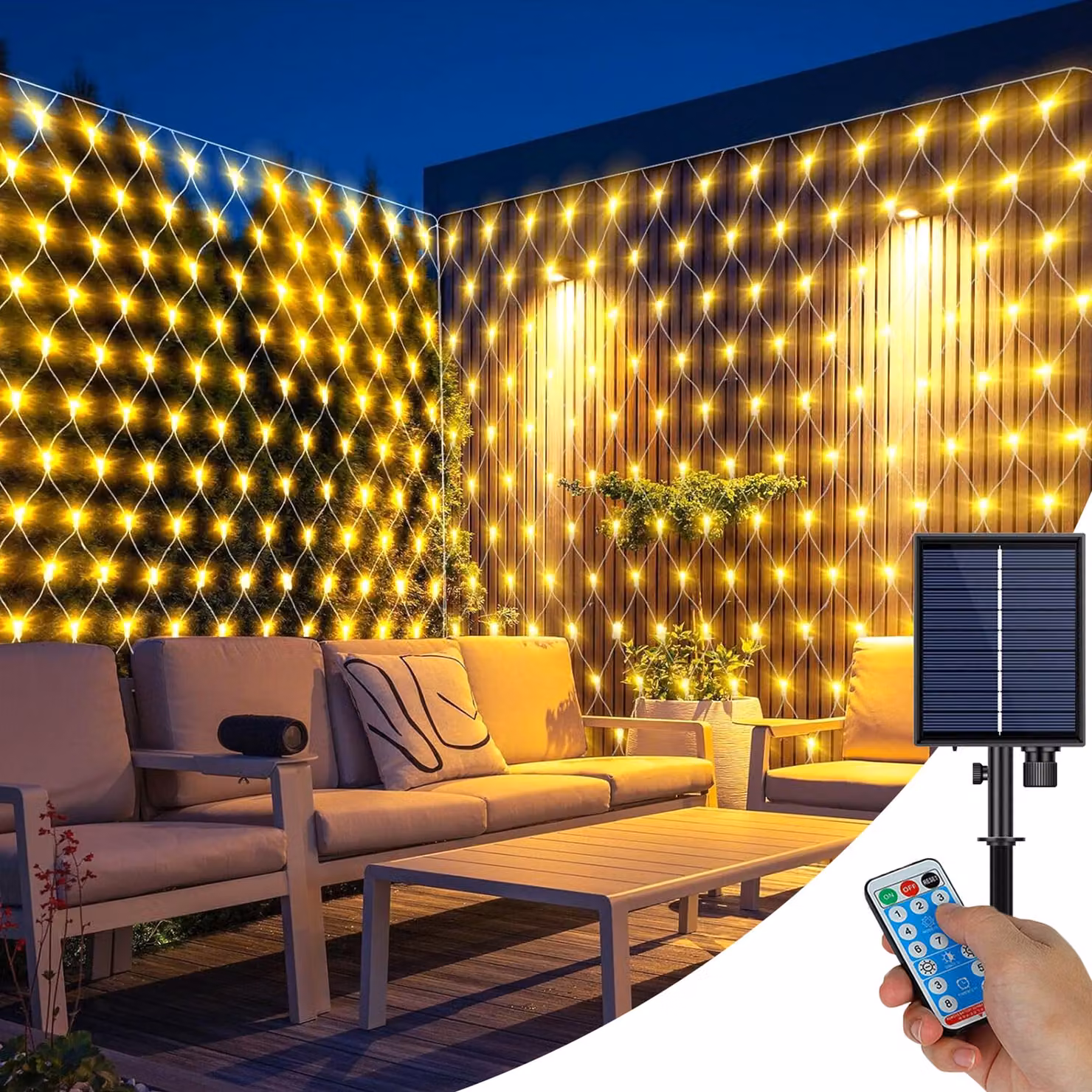 Solar Fairy Lights Outdoor Outdoor Led Light Net, 3x2M impermeabile luce tenda luce per la festa giardino cespugli balcone decorazione, bianco caldo