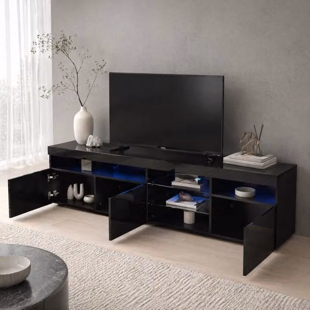 Mobile TV moderno 180 cm in MDF nero lucido con LED a colori variabili