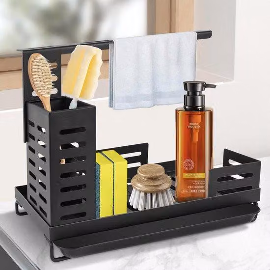 Organizzatore per lavello Ibenzoa® Acciaio al carbonio, salvaspazio, dimensioni 24,5 x 14,7 x 21,5 cm – con barra asciugamani regolabile, cestello di scarico integrato, impermeabile e resistente alla ruggine, ideale per cucina e bagno