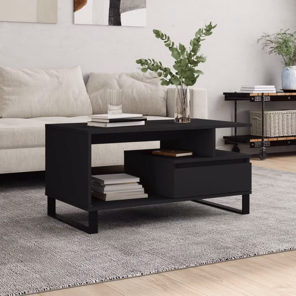 vidaXL Tavolino da Salotto Moderno Nero L: 90 cm, P: 49 cm, H: 45 cm in Legno e Metallo