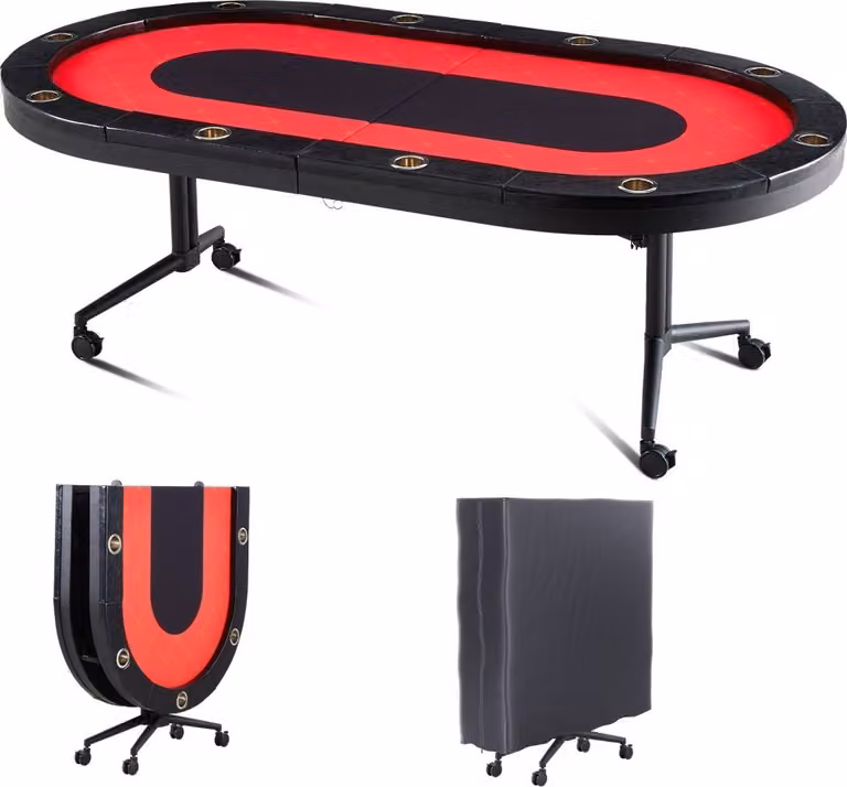 Tavolo da poker da casinò - Pieghevole con gambe pieghevoli - 2290 x 1220 x 800 mm (L x L x A) - Piano da poker nero e rosso - Tavolo pieghevole per 10 giocatori con coperchio antipolvere - Portatile