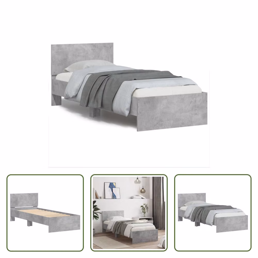 The Living Store Giroletto con testiera grigio cemento 90x200 cm Materiale a base di legno