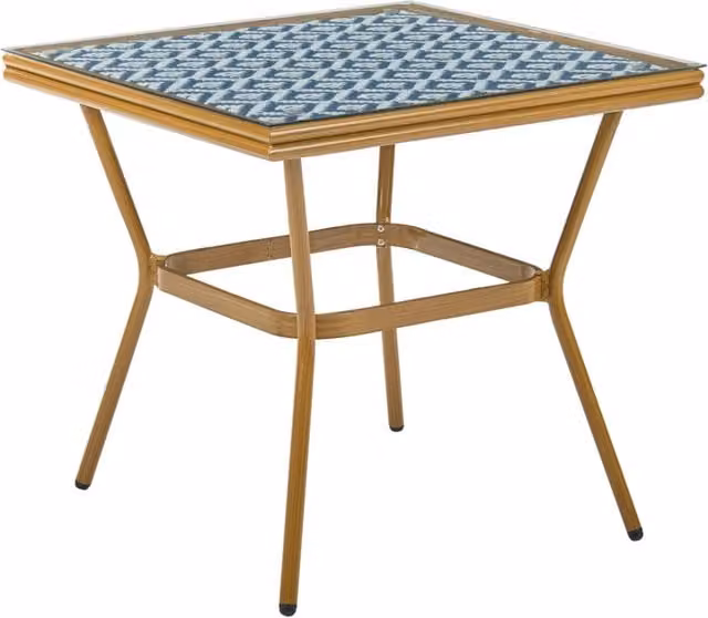 Tavolo da giardino in rattan PE blu e bianco con piano in vetro temperato struttura in alluminio 80 x 80 cm arredo da esterno