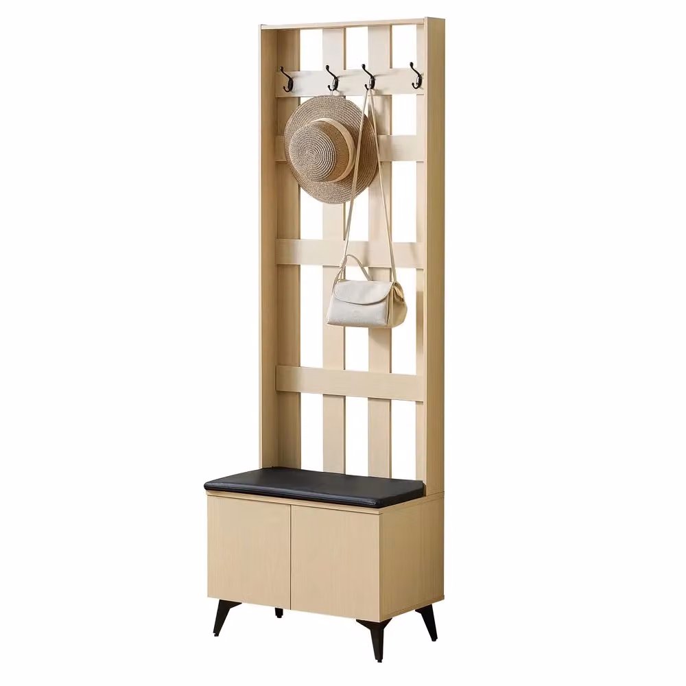 Set ingresso Minimal con panca, scarpiera e appendiabiti con 4 ganci, design moderno in MDF e metallo nero opaco, L: 179.5 cm, P: 35 cm, H: 80 cm – 2