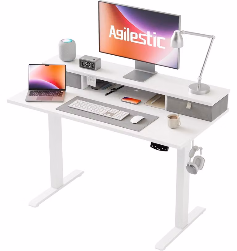 Scrivania regolabile in altezza con 2 cassetti, dimensioni 100 x 60 cm, motorizzata, colore bianco
