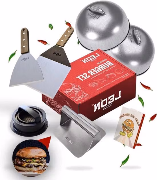 Hamburger Set a Smazzata - Legno di Quercia e Acciaio Inossidabile - 4 Pezzi